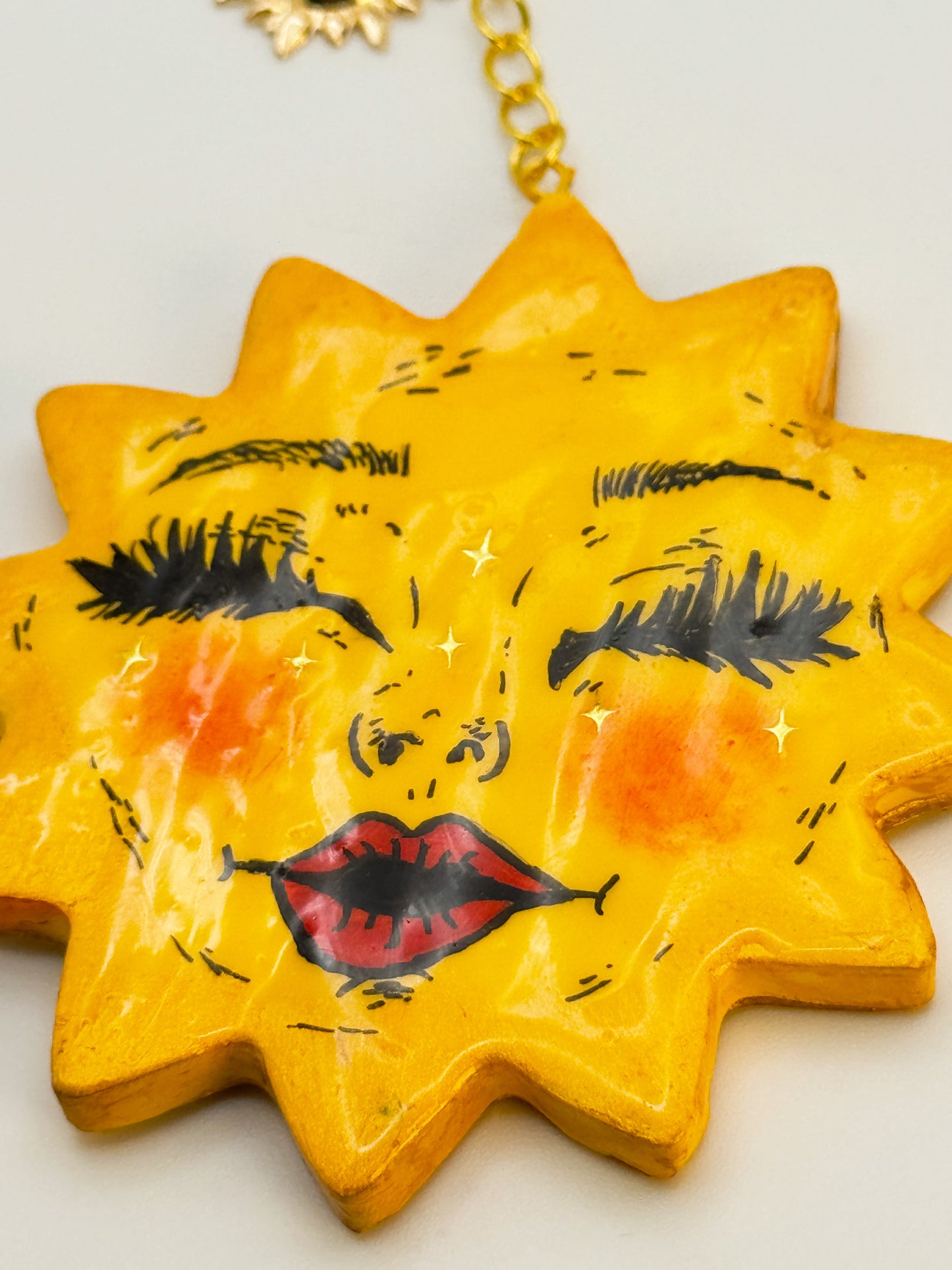 Miss Sunny Face Keychain – Polymer Clay Bag Charm – Hand Painted Celestial Sun Charm