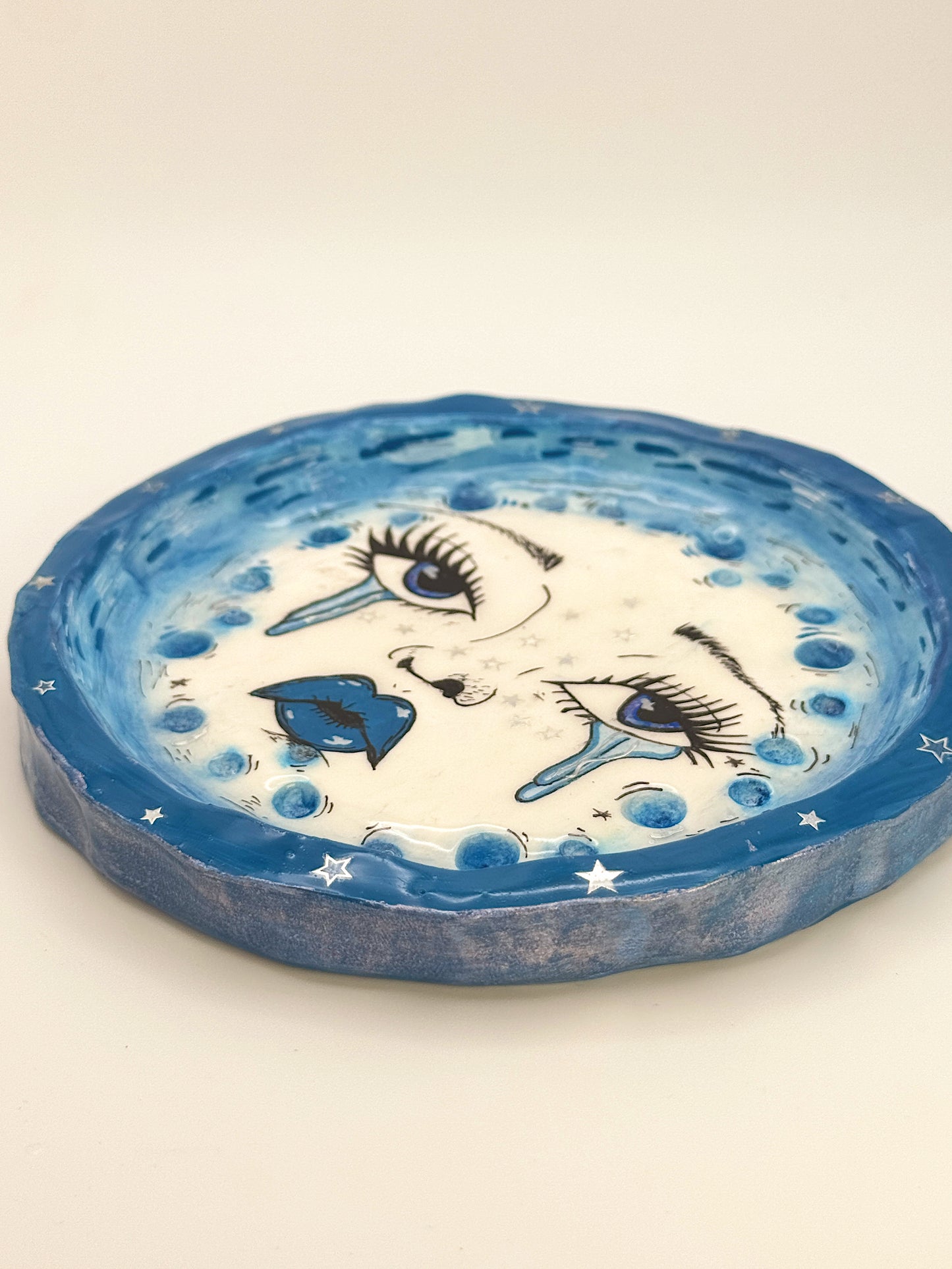 Crying Moon Trinket Dish – Hand-Painted Celestial Face (5.5”)
