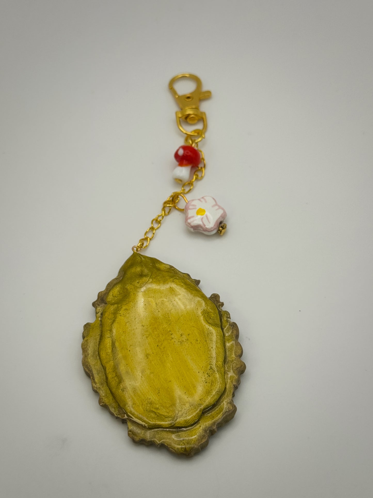Vintage Frame Snail on Mushroom Keychain – Handmade Polymer Clay Bag Charm