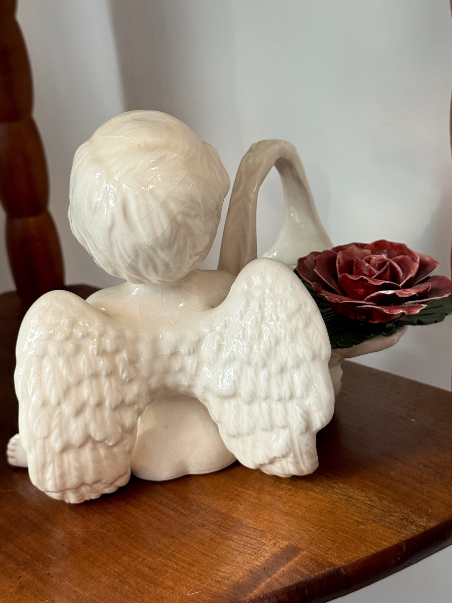 Vintage Ceramic Cherub Figurine with Basket & Rose