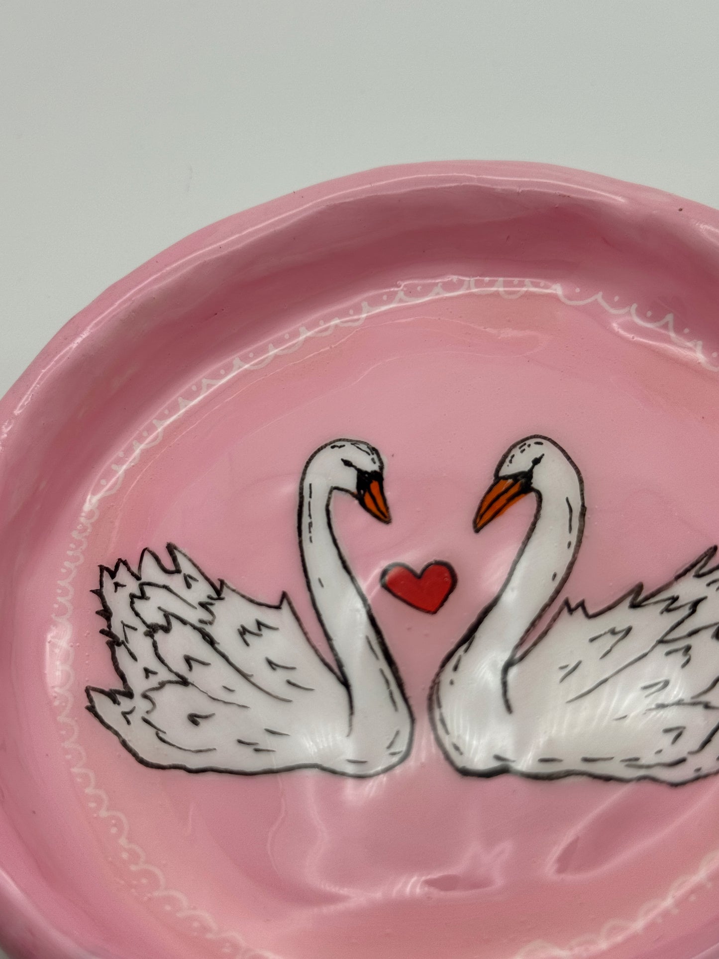 Pink Swan Love Trinket Dish – Hand-Painted Polymer Clay Jewelry Catchall (4.5”)