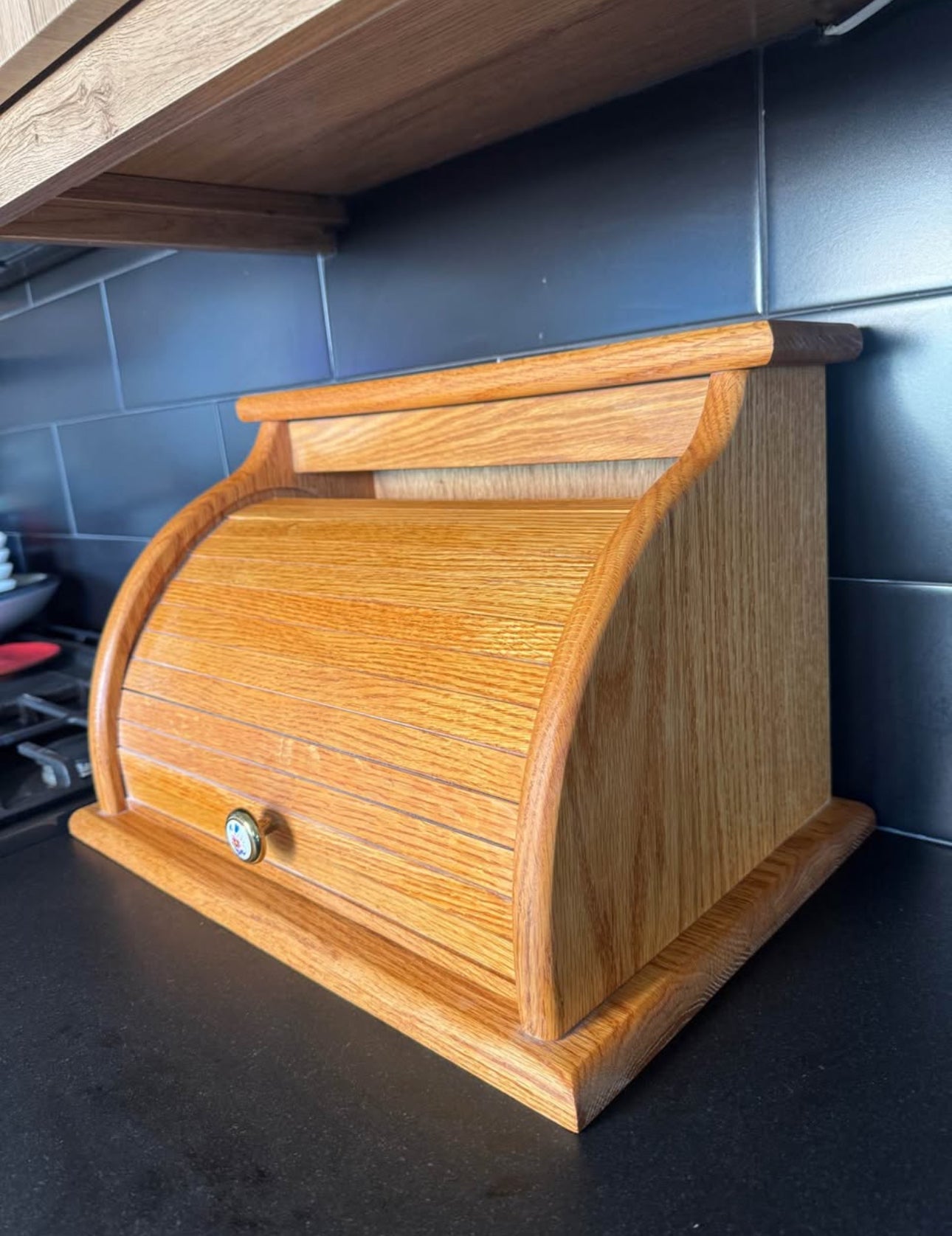 Vintage Solid Oak Roll Top Bread Box – Tambour Door – 17.5” Wide