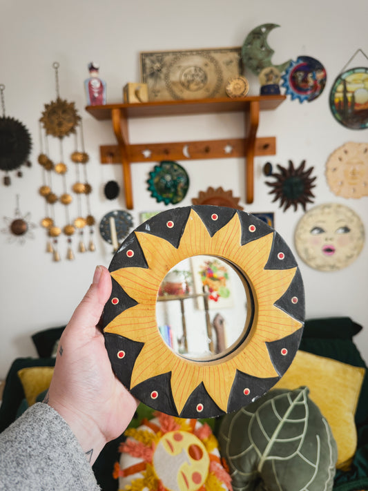 Vintage 7.5” Sunburst Wall Mirror – Hand-Painted Celestial Decor