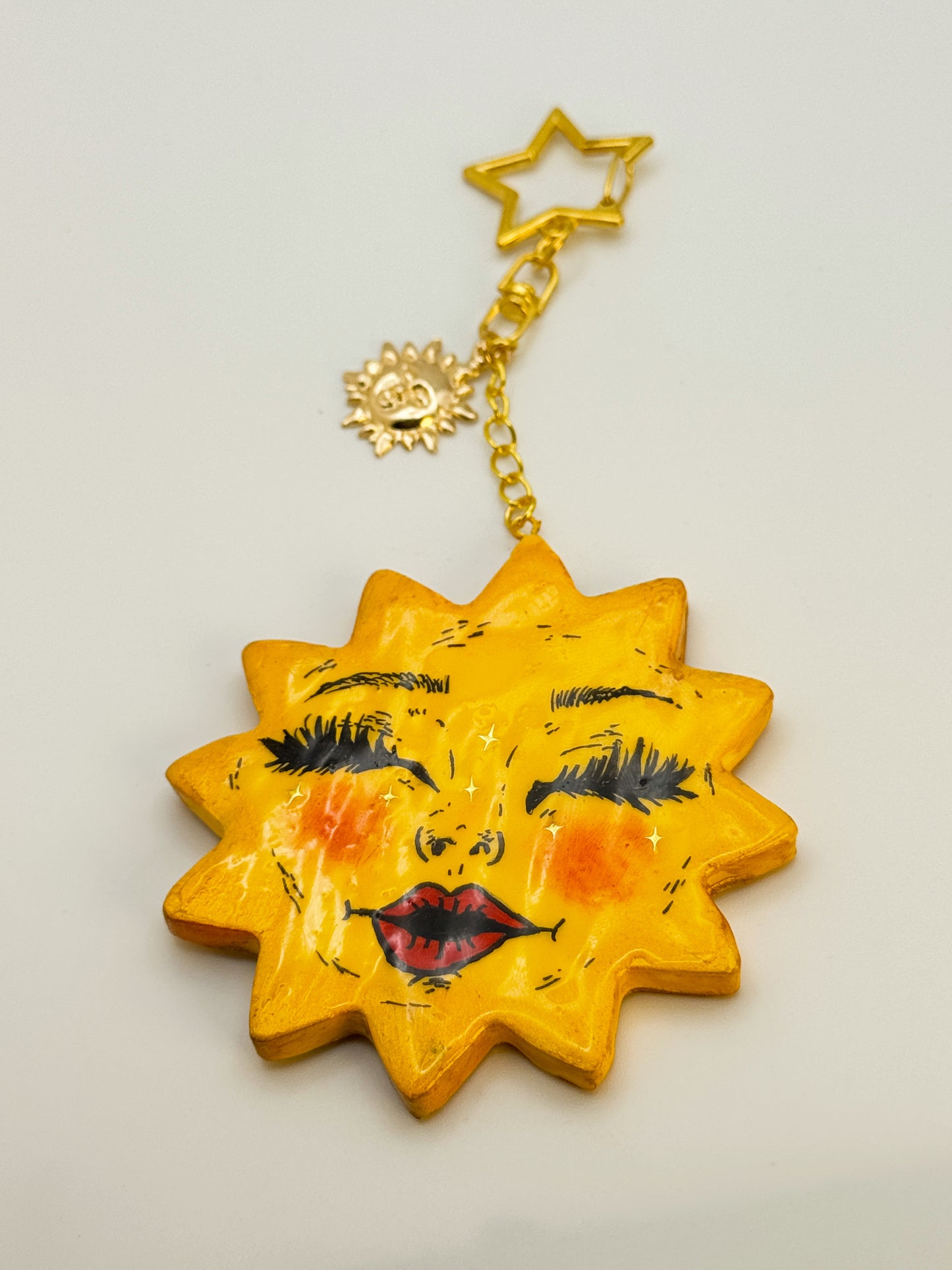 Miss Sunny Face Keychain – Polymer Clay Bag Charm – Hand Painted Celestial Sun Charm