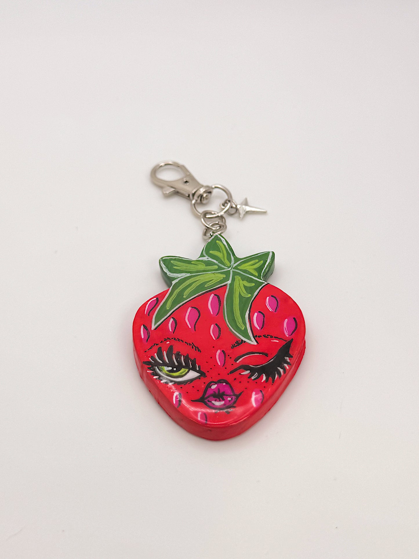 Winking Strawberry Keychain — Hand-Painted Strawberry Face Charm
