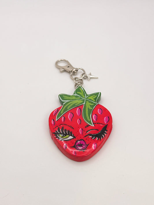 Winking Strawberry Keychain — Hand-Painted Strawberry Face Charm