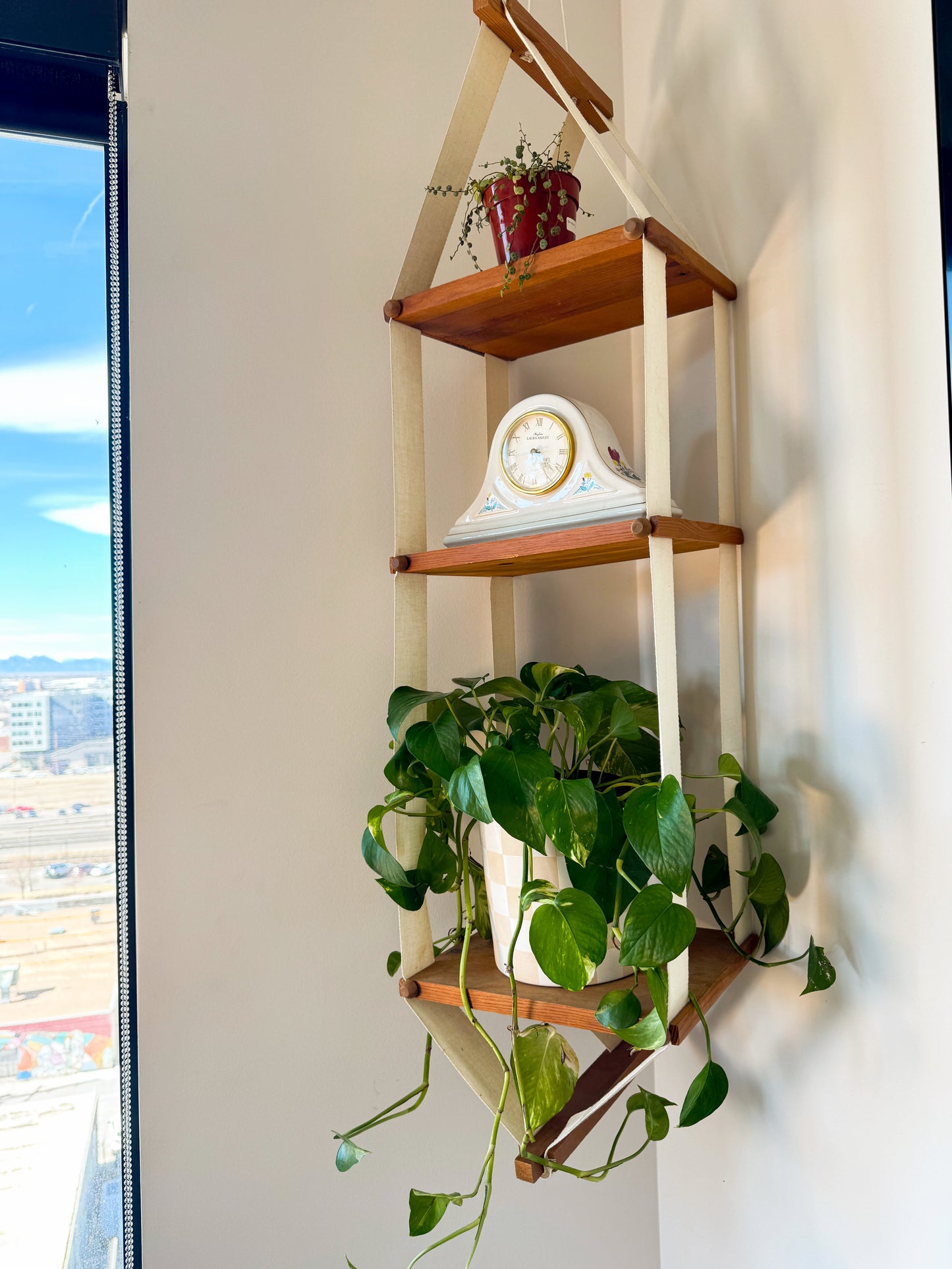 Vintage MCM Floating Canvas Hanging Shelf - Boho Hanging Plant Stand - 55" Tall