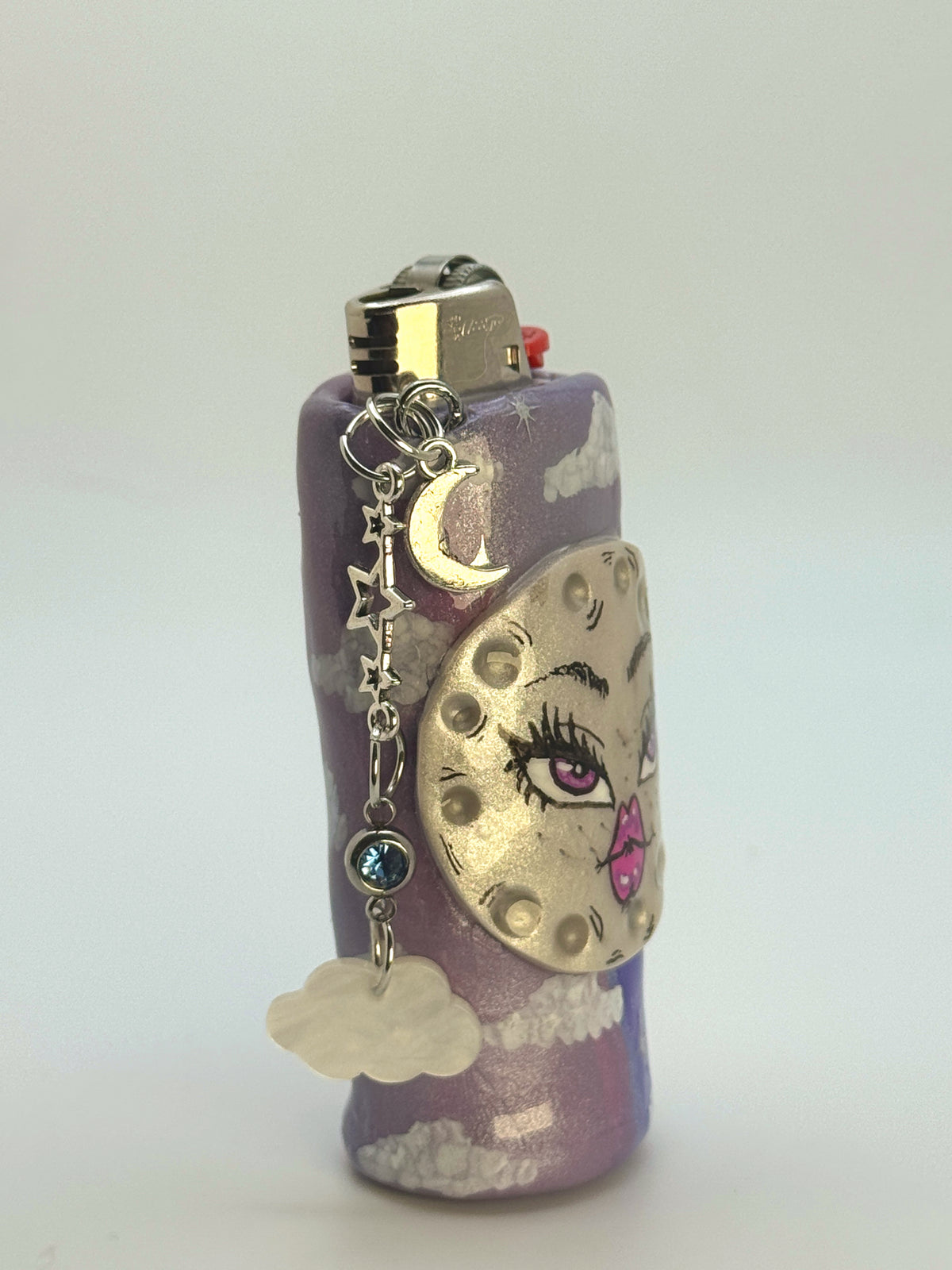 Whimsical Moon Case with charm| Fits Standard Bic | Handmade Polymer Clay Art