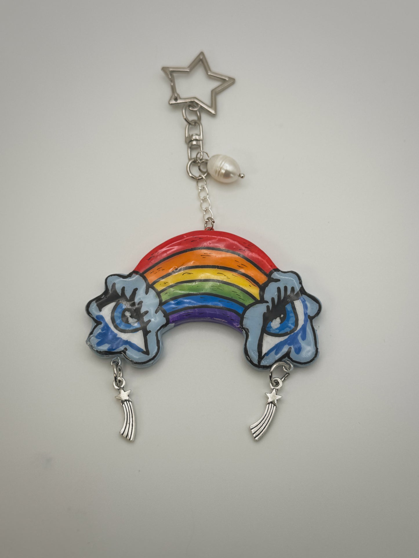 Crying Rainbow Bag Charm (Silver) | Handmade Polymer Clay Key Chain