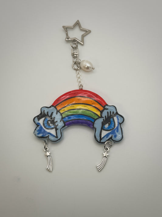 Crying Rainbow Bag Charm (Silver) | Handmade Polymer Clay Key Chain