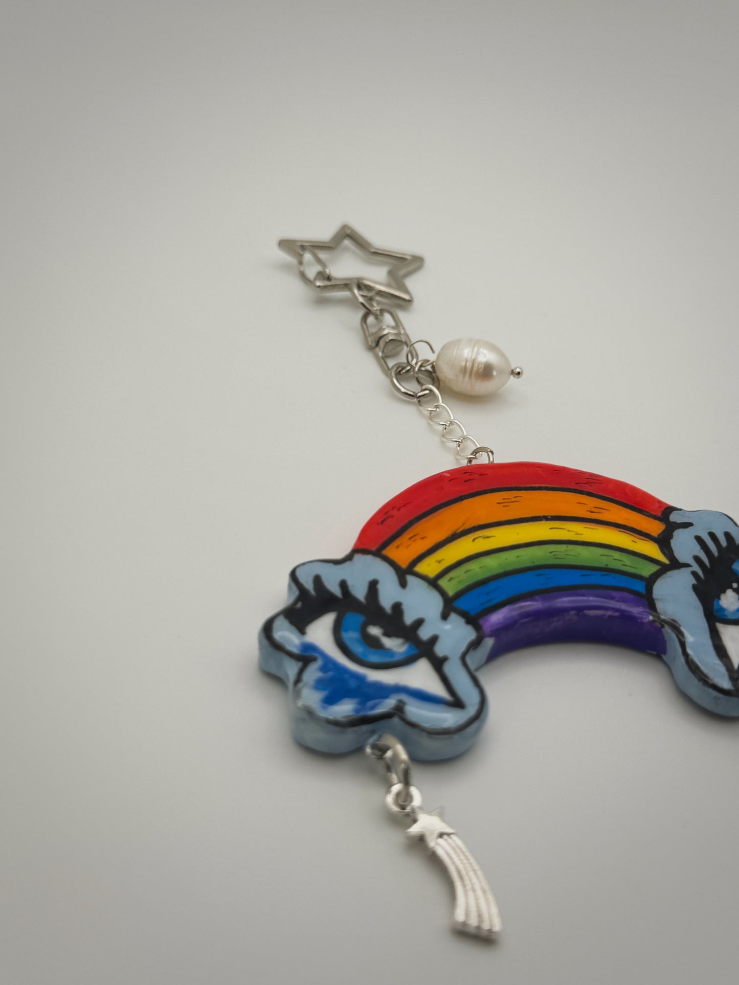 Crying Rainbow Bag Charm (Silver) | Handmade Polymer Clay Key Chain