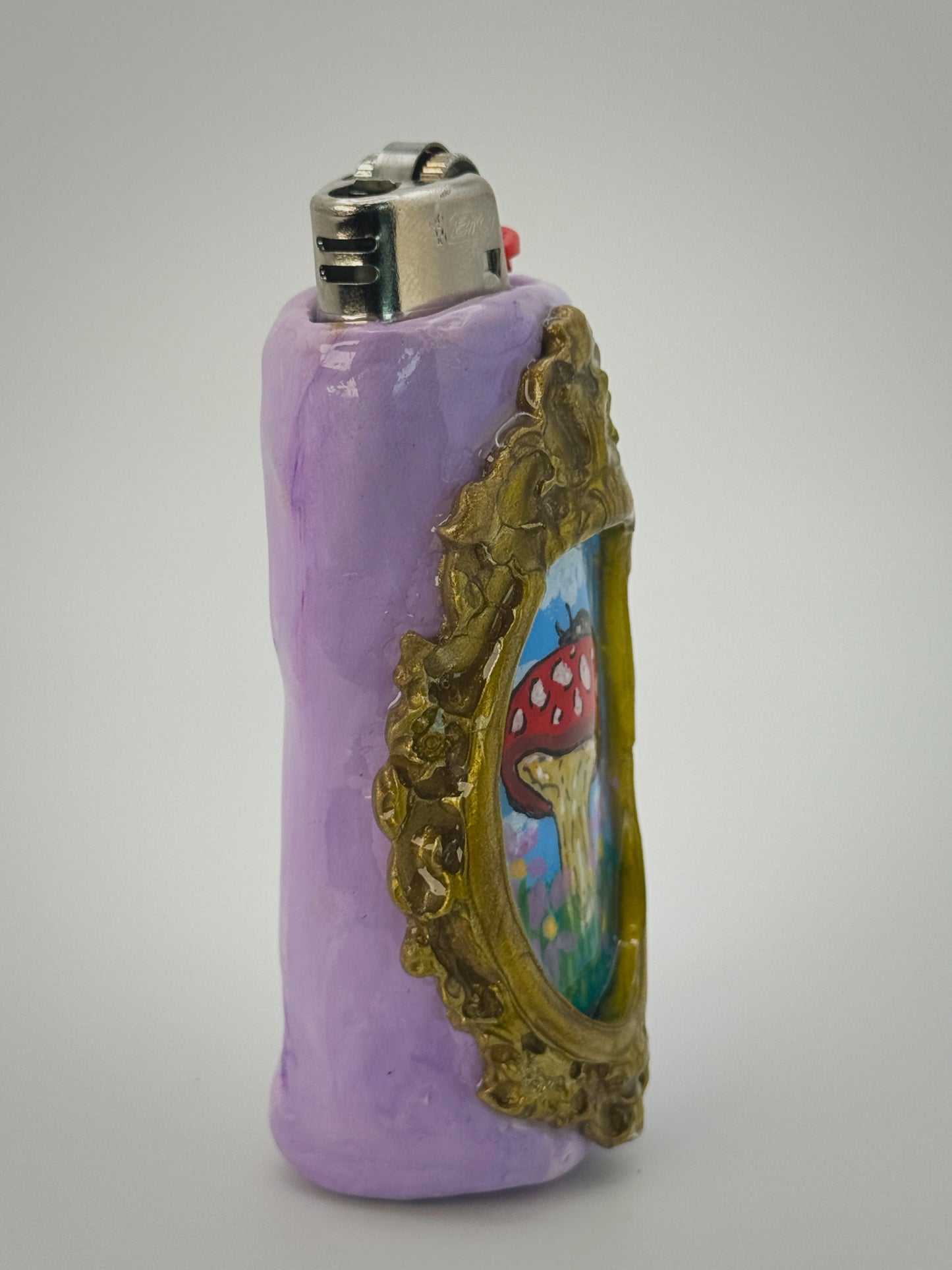 Vintage Frame Snail on Mushroom Lighter Case| Fits Standard Bic | Handmade Polymer Clay Art