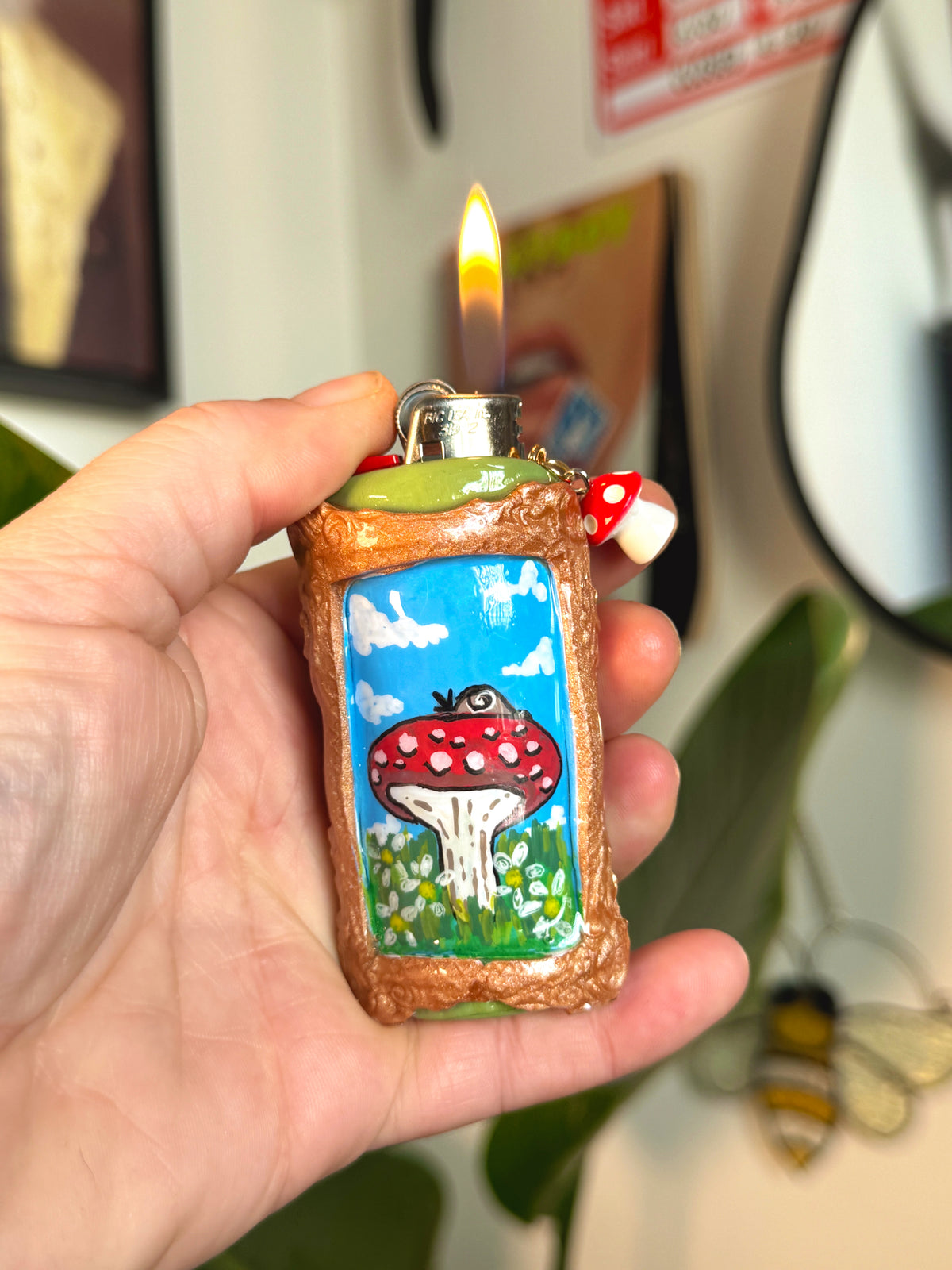 Vintage Frame Snail On A Mushroom Case with charm| Fits Standard Bic | Handmade Polymer Clay Art