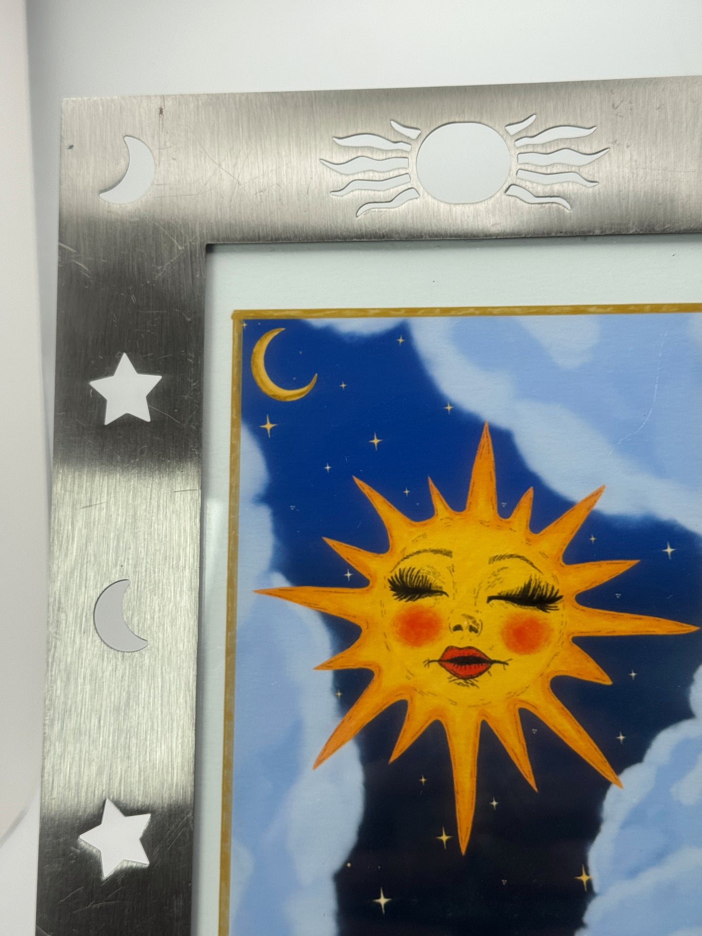 Miss Sunny 5x7 Art Print in Vintage Celestial Silver Moon & Star Metal Frame | Framed Sun Face Wall Art