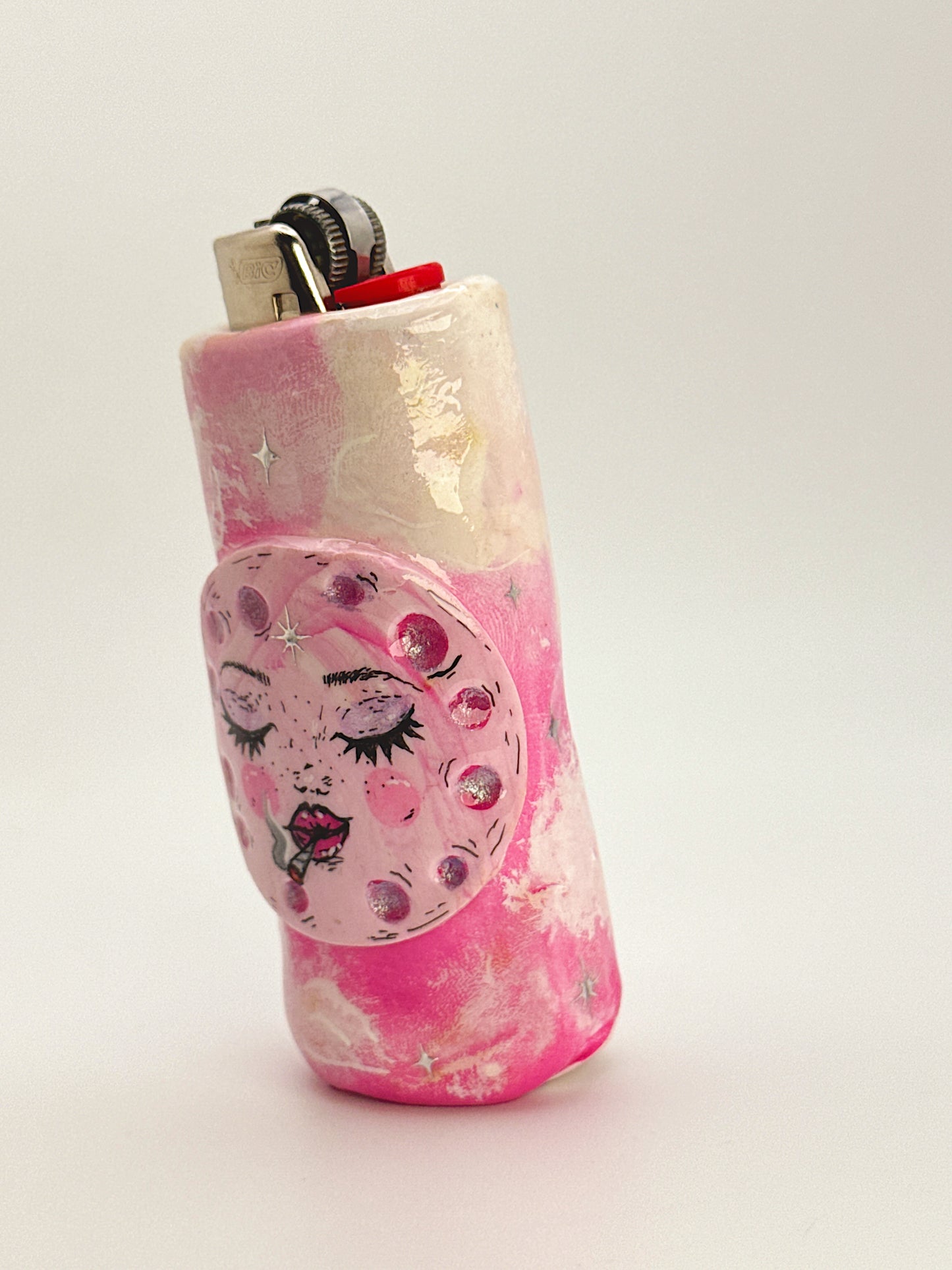 Smoking Moon Lighter Case – Handcrafted Moon Face Art Lighter Cover