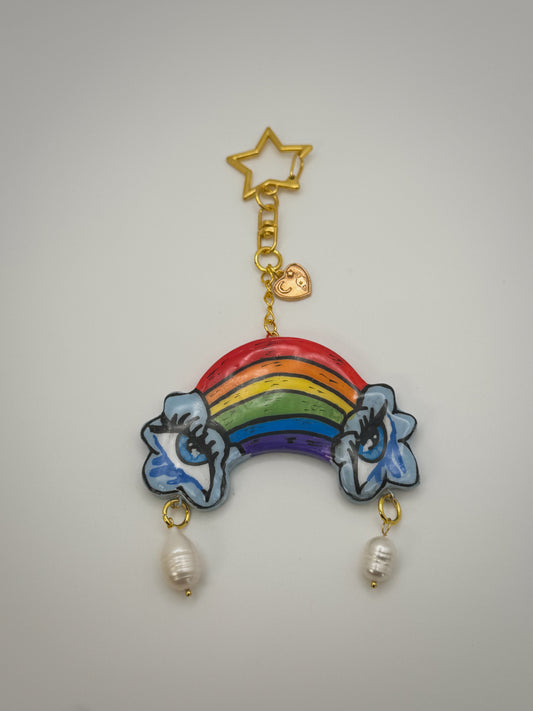 Crying Rainbow Bag Charm (Gold) | Handmade Polymer Clay Key Chain
