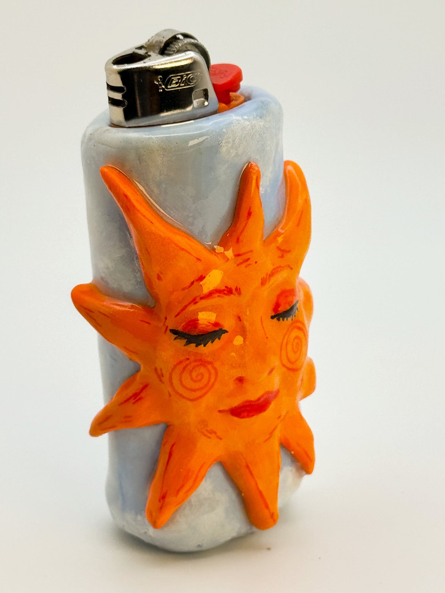 Handmade Sun Face Lighter Case – Polymer Clay Celestial Cover – Fits Standard Bic Lighter