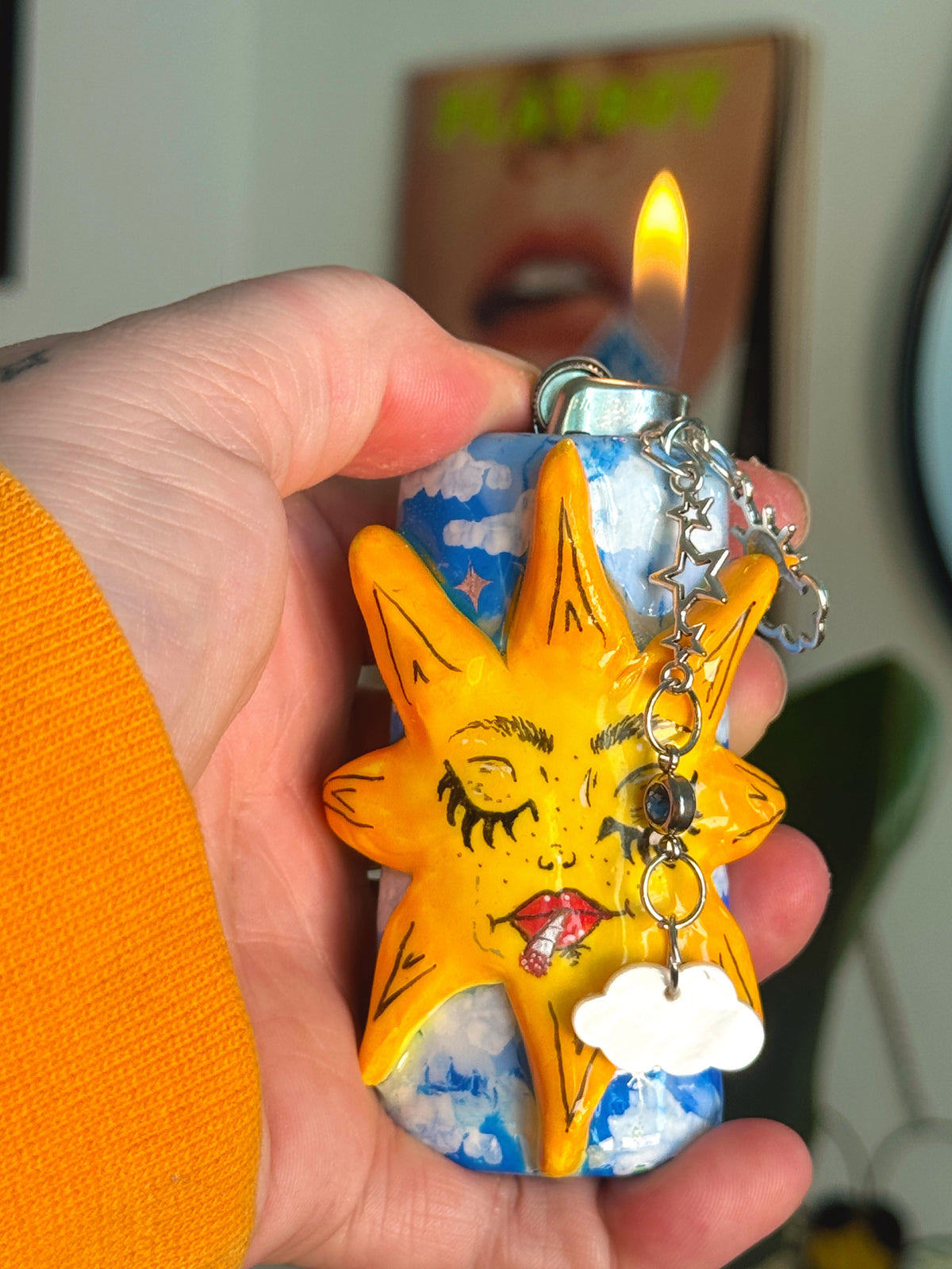 Smoking Sun Case with charm| Fits Standard Bic | Handmade Polymer Clay Art