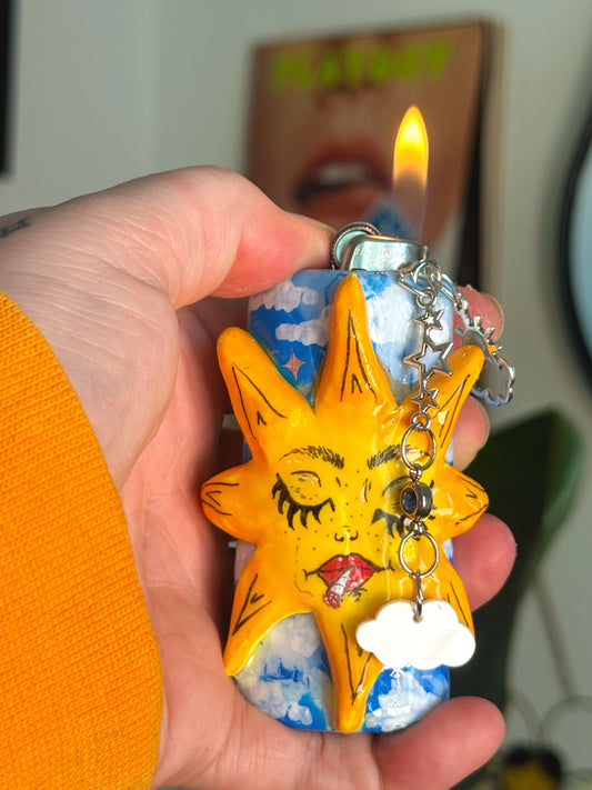 Smoking Sun Case with charm| Fits Standard Bic | Handmade Polymer Clay Art