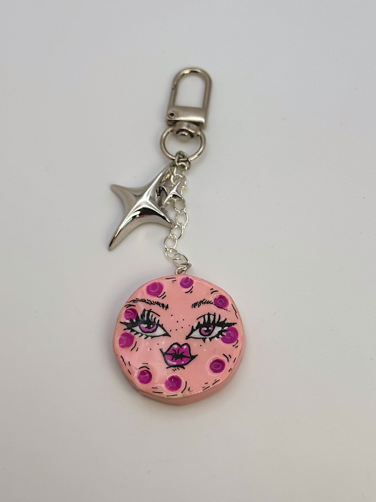 Mini Moon Face Bag Charm – Hand-Painted Celestial Keychain with Silver Hardware