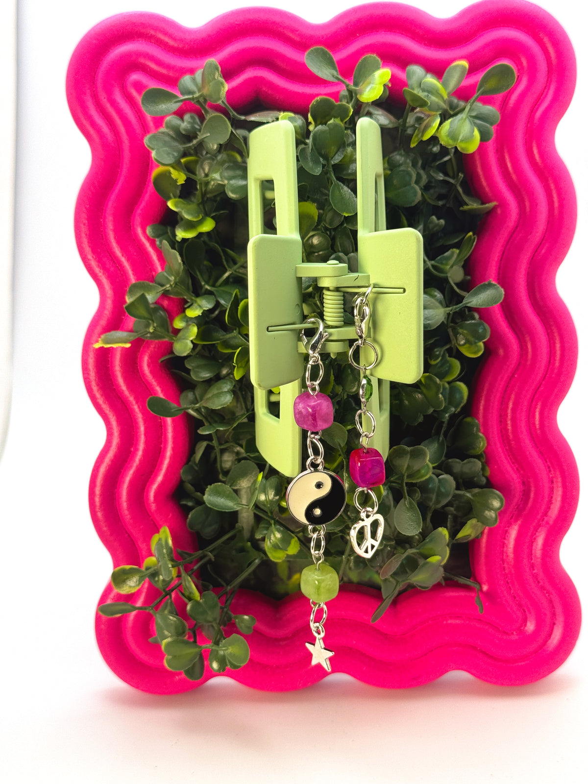 Green Medium Claw Clip with Handmade Beaded Charms | Removable Charm Clip | 3.1”