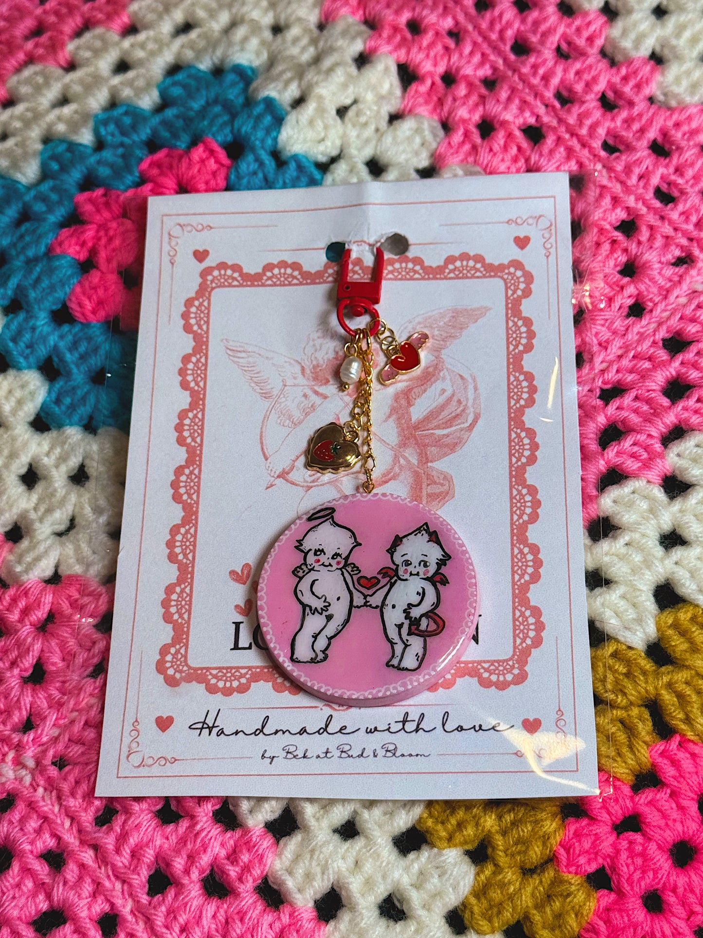 Kewpie-Inspired Cherub Bag Charm – Pink Angel & Devil Heart Keychain
