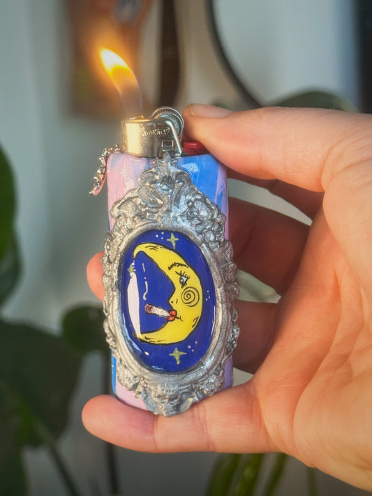 Smoking Moon Lighter Case with charm| Fits Standard Bic | Handmade Polymer Clay Art