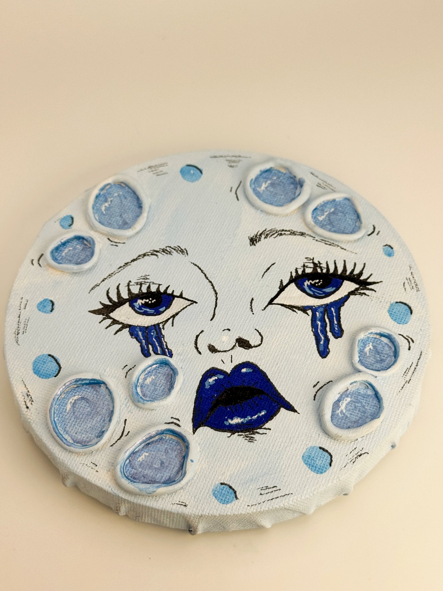 Sad Girl Moon – Hand-Painted Moon Face Wall Art (5” Textured Canvas)