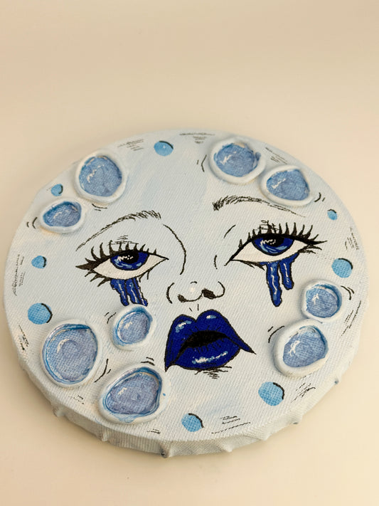 Sad Girl Moon – Hand-Painted Moon Face Wall Art (5” Textured Canvas)