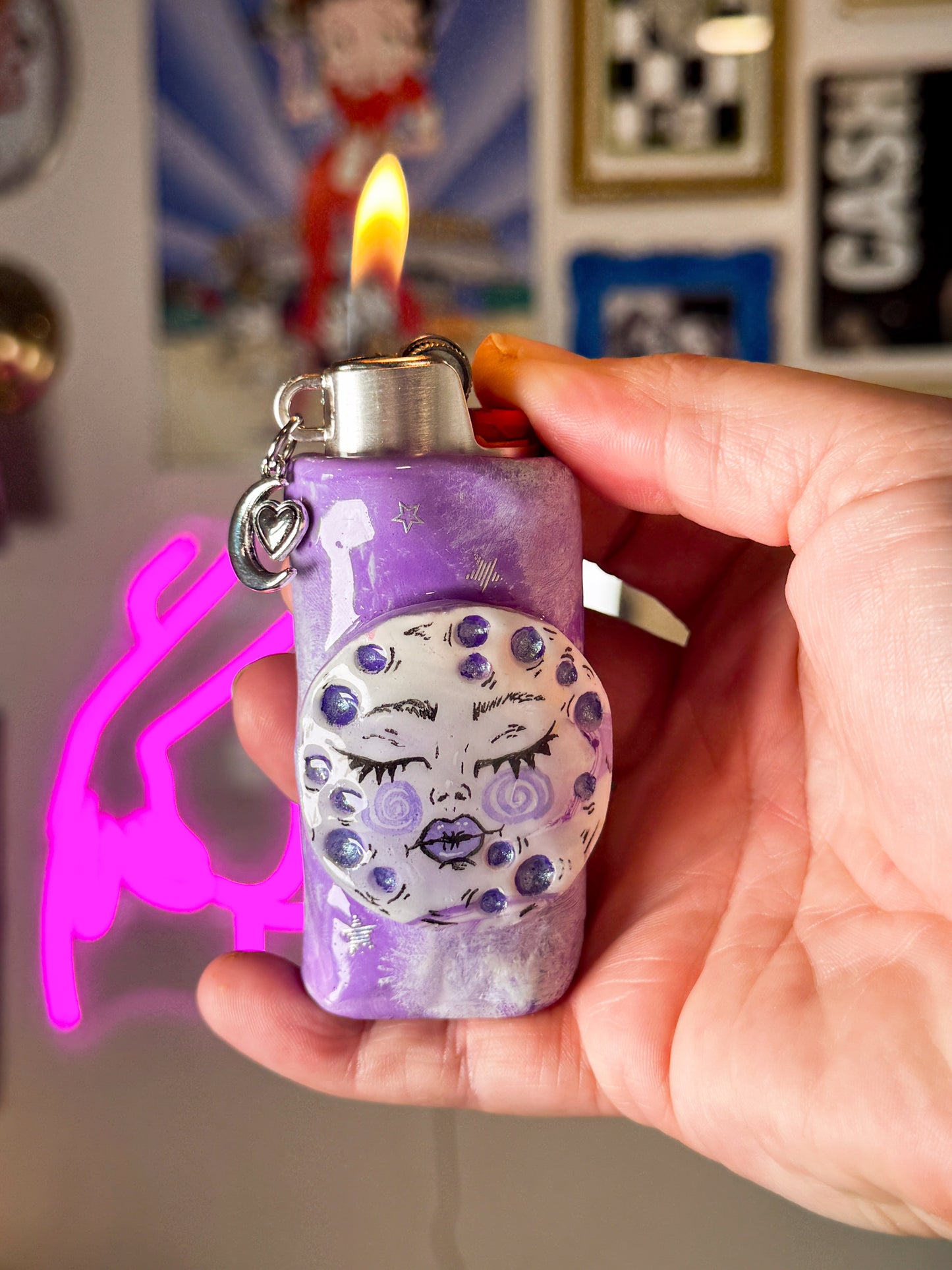 Lavender Moon Lighter Case w/ Charm | Fits Standard Bic | Handmade Polymer Clay Art