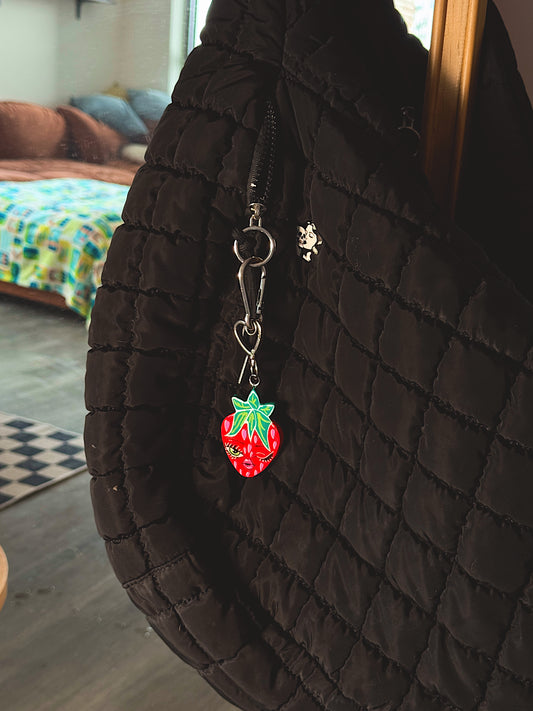 Winking Strawberry Bag Charm – Hand-Painted Strawberry Keychain with Heart Clip