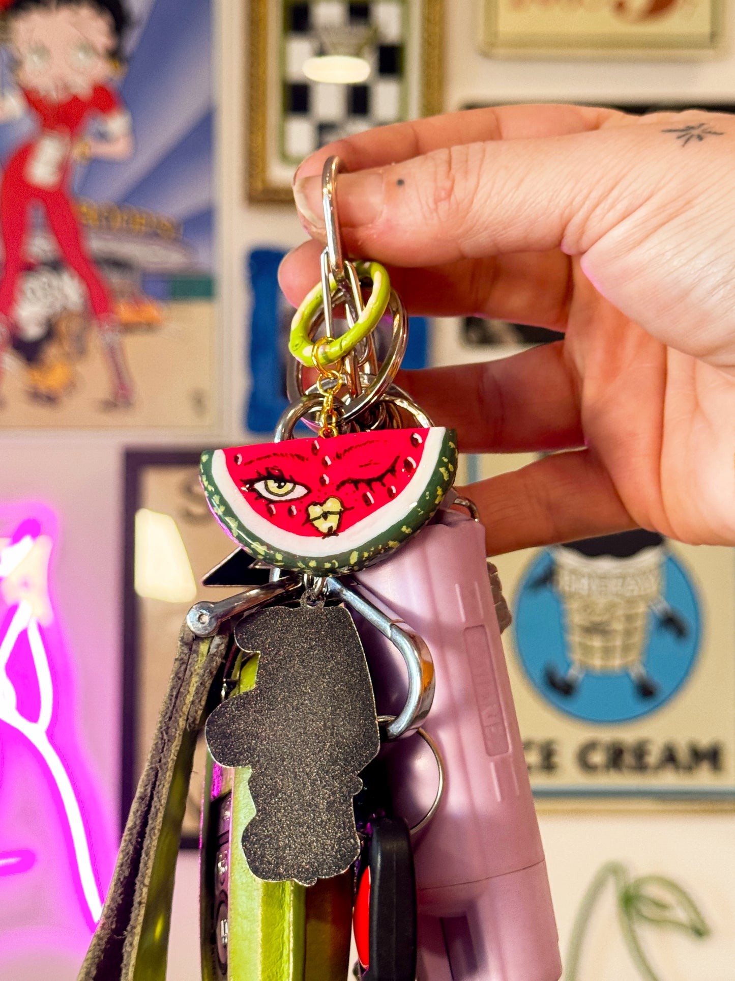 Winking Watermelon Keychain – Handmade Polymer Clay Bag Charm