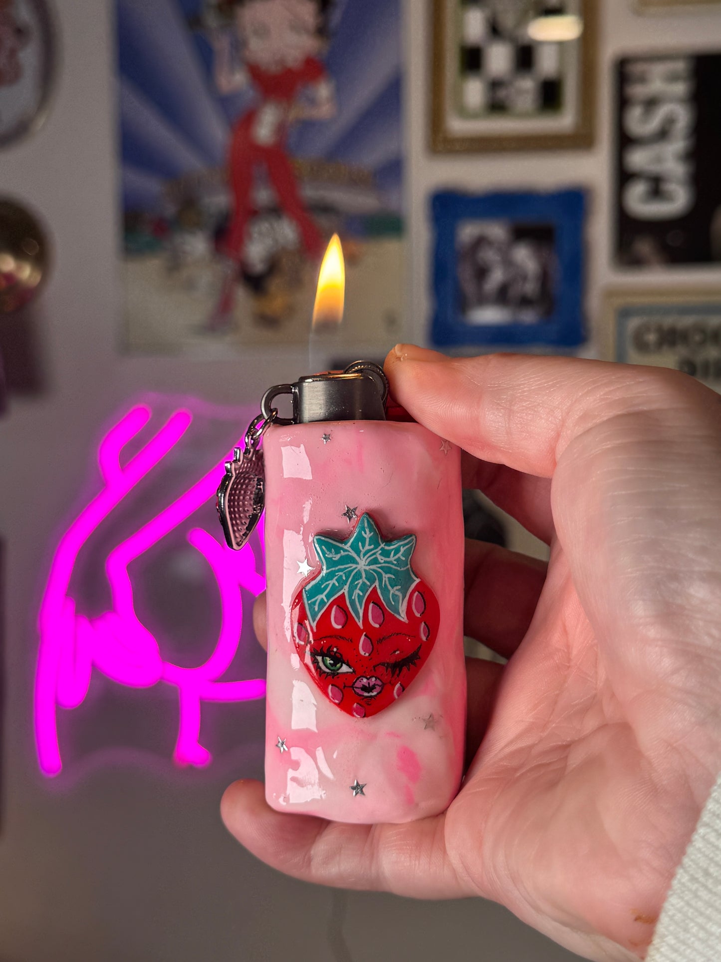 Sweet Strawberry Lighter Case w/ Charm | Fits Standard Bic | Handmade Polymer Clay Art