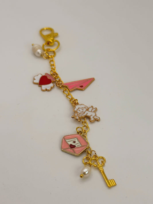 Cupid Love Bag Charm with Heart Clip – Gold Chain Charm with Pearls, Key & Valentine Enamel Charms