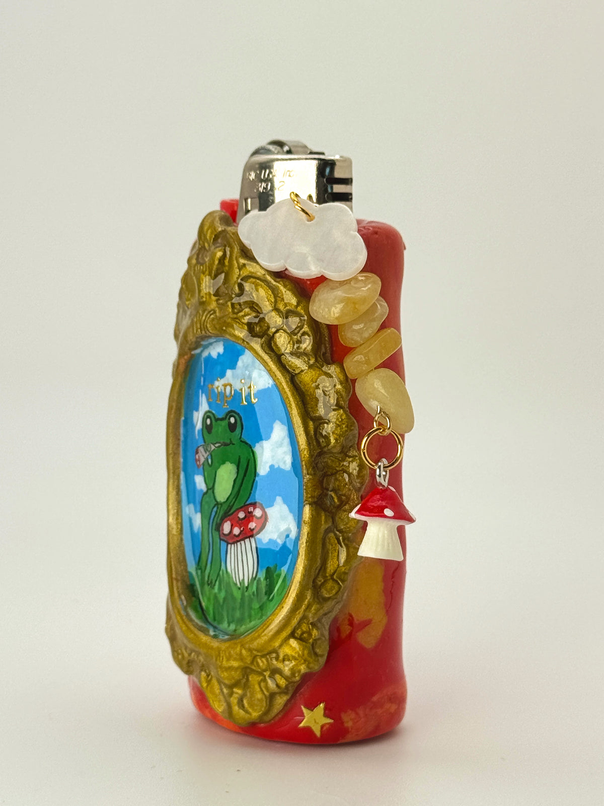 Rip It Frog Lighter Case with charm| Fits Standard Bic | Handmade Polymer Clay Art