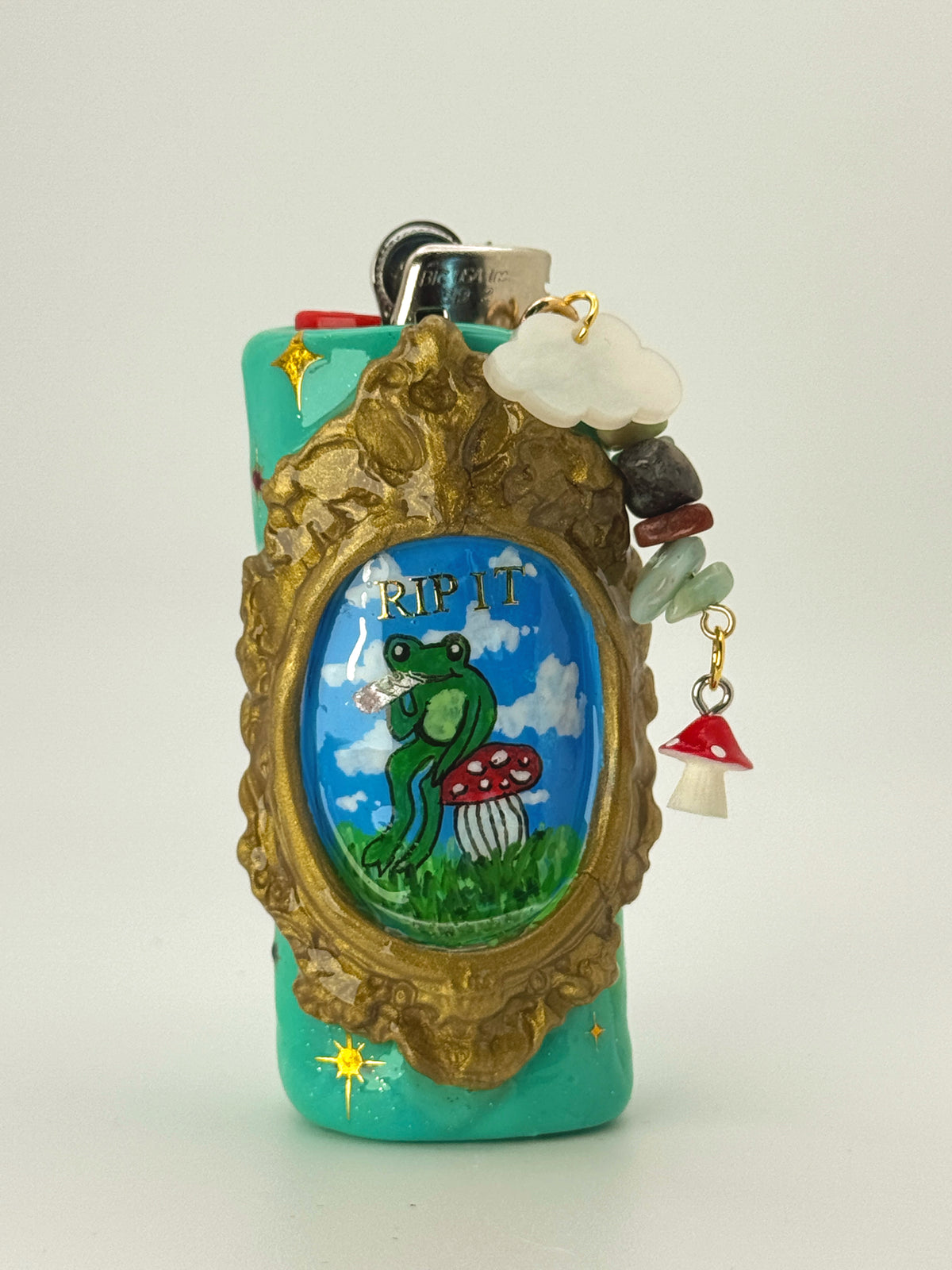 Rip It Frog Lighter Case with charm| Fits Standard Bic | Handmade Polymer Clay Art