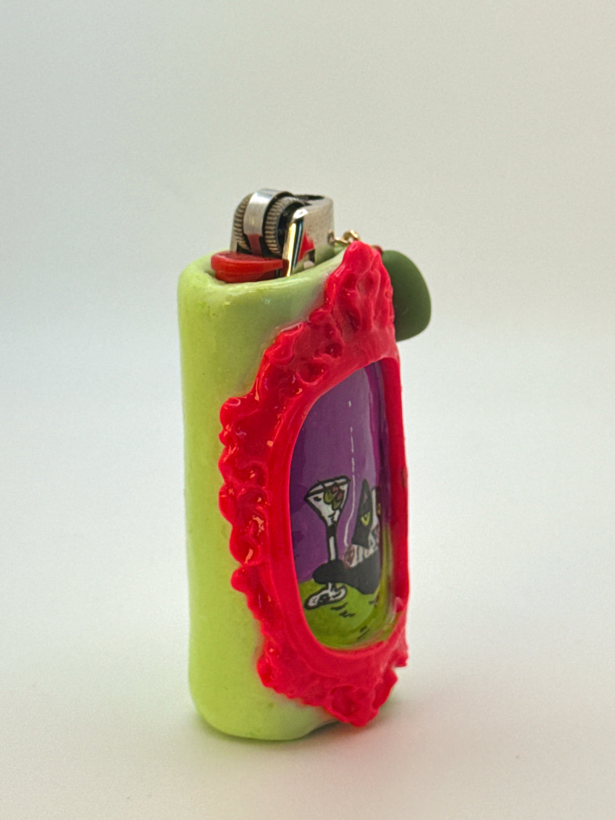 Vintage Frame Martini Kitty Case with charm| Fits Standard Bic | Handmade Polymer Clay Art