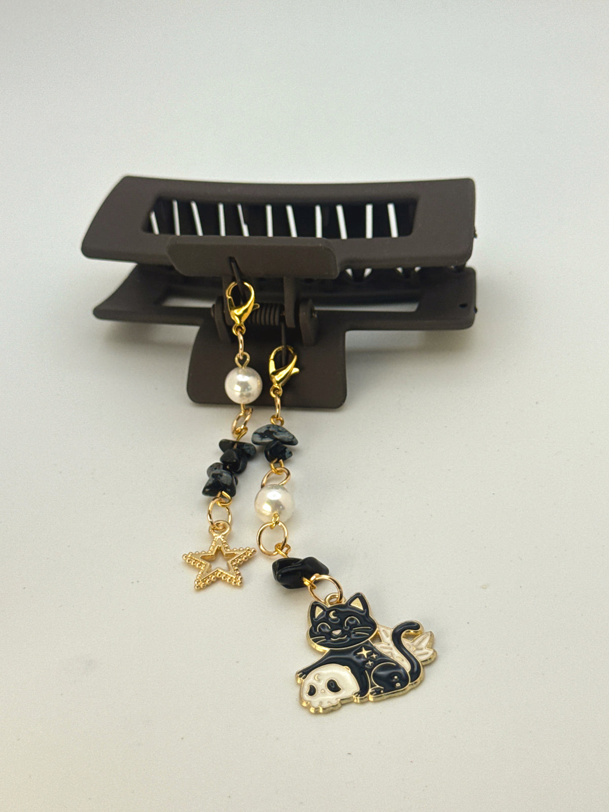 Dark Brown Medium Claw Clip with Handmade Beaded Charms | Removable Charm Clip | 3.1”