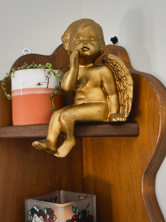 Vintage Gold Cherub Shelf Sitter – 5.5” Winged Angel Figurine