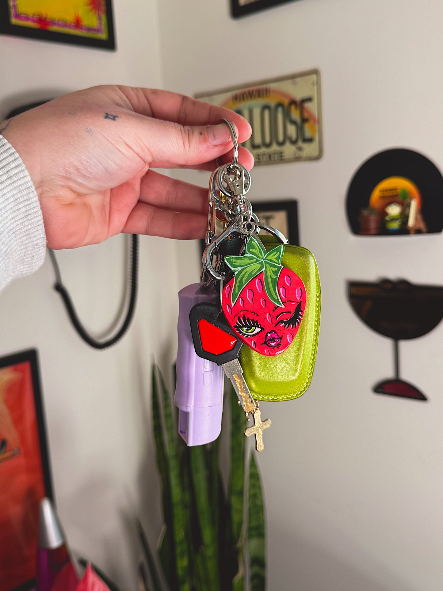Winking Strawberry Keychain — Hand-Painted Strawberry Face Charm
