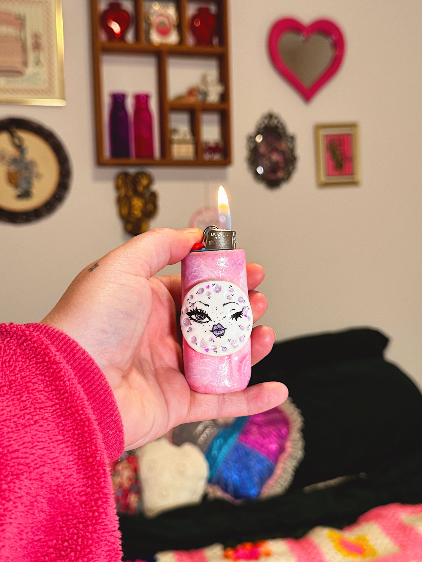 Winking Moon Lighter Case – Handmade Pink Celestial Polymer Clay Cover