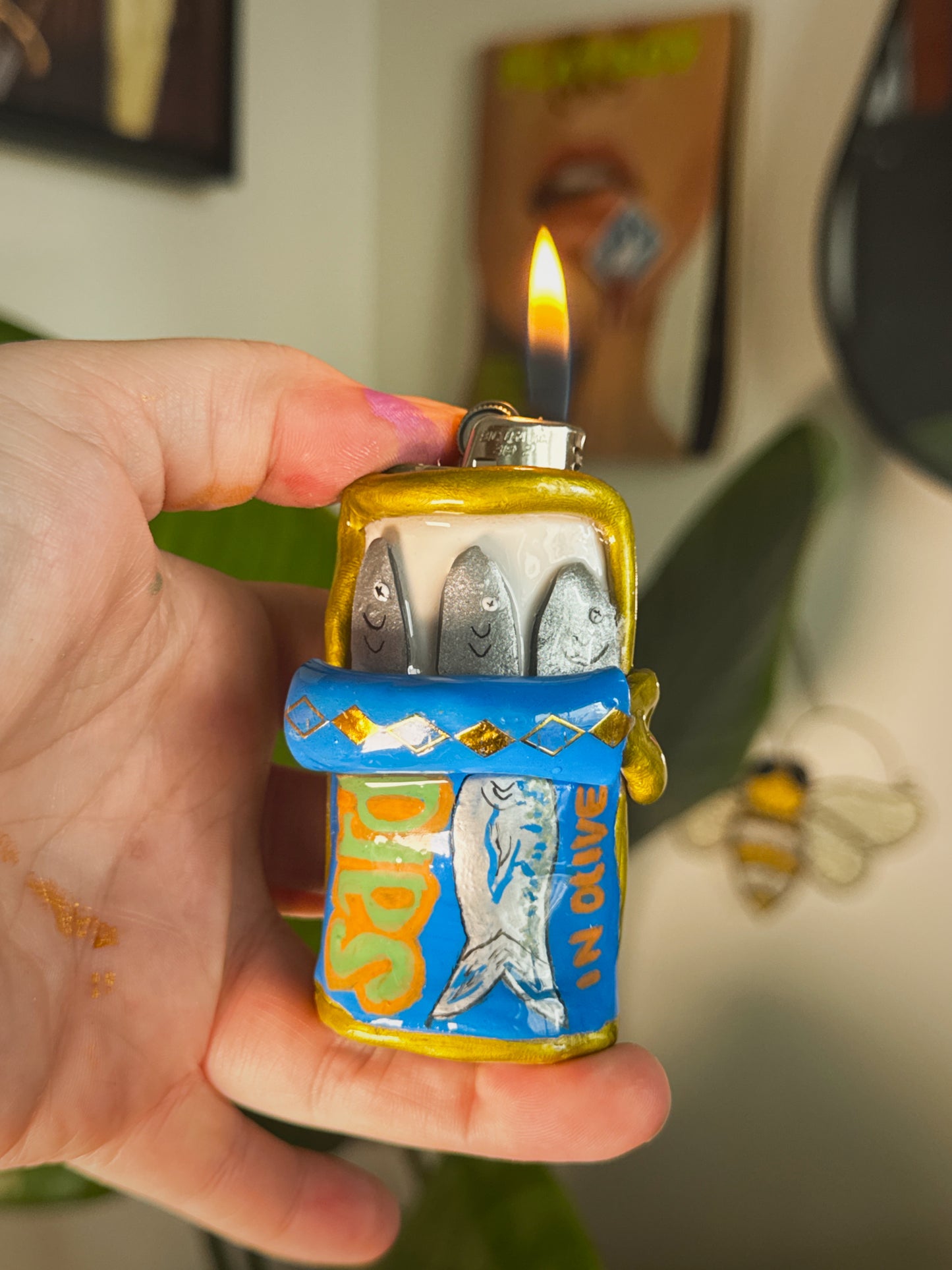 Sardine Tin Lighter Case| Fits Standard Bic | Handmade Polymer Clay Art