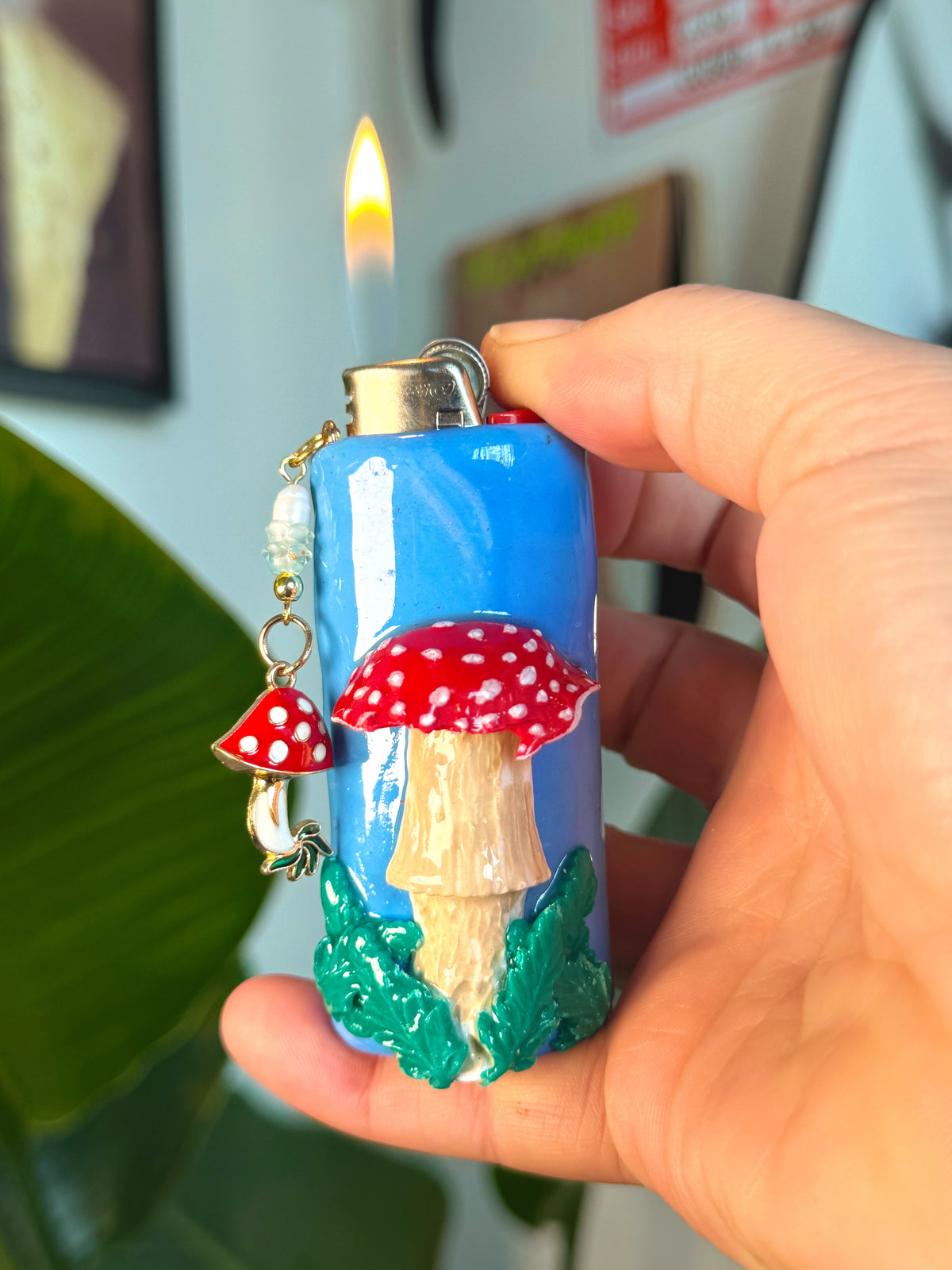 Mushroom Case with charm| Fits Standard Bic | Handmade Polymer Clay Art