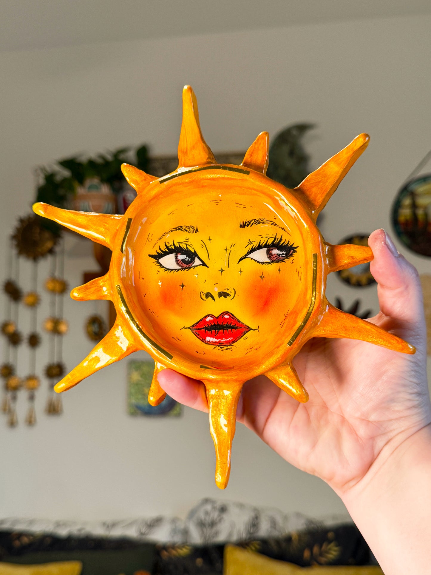 Handmade Sun Face Trinket Dish – 8” Polymer Clay Celestial Sun Tray – Hand Painted Statement Dish