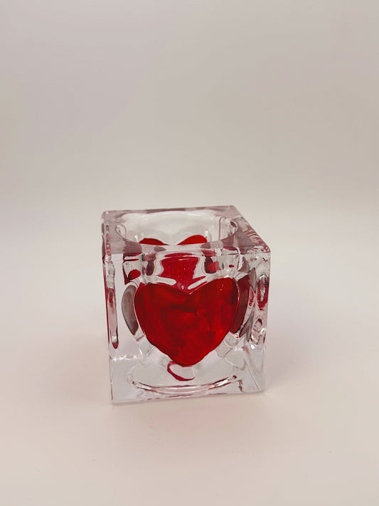 Vintage Glass Heart Tea Light Holder – Heavy Clear Glass Valentine’s Candle Décor