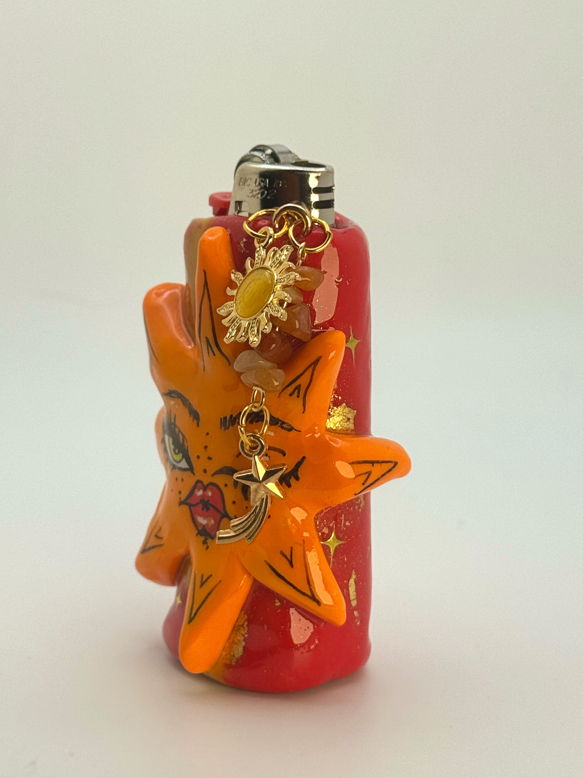 Whimsical Sun Case with charm| Fits Standard Bic | Handmade Polymer Clay Art