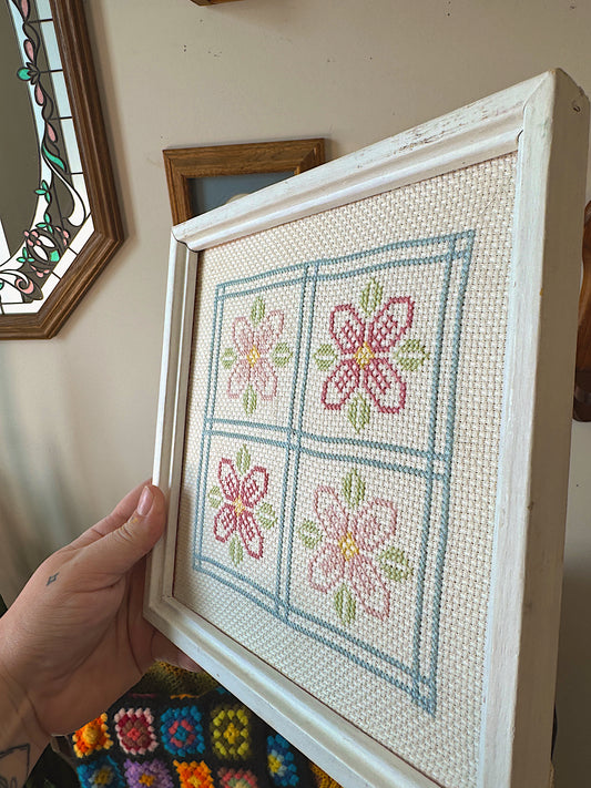 Vintage 1995 Handcrafted Cross Stitch Wall Art – Floral Cottagecore Decor – Framed Needlepoint