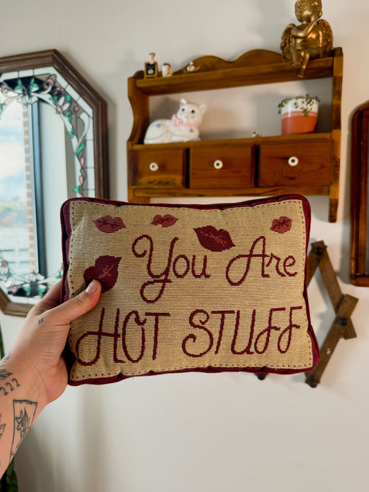 Vintage “You Are Hot Stuff” Needlepoint Pillow | Retro Accent Cushion