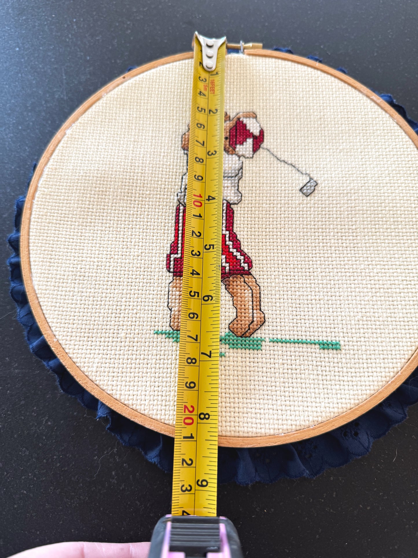 Vintage Golfing Bear Cross Stitch Wall Hanging | Framed Embroidery Hoop Art