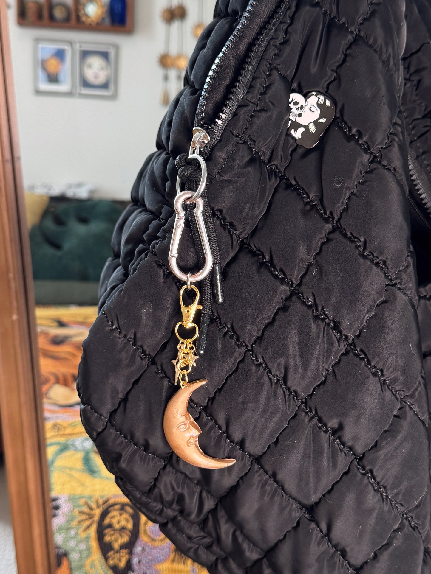 Gold Crescent Moon Keychain – Handmade Polymer Clay Celestial Bag Charm